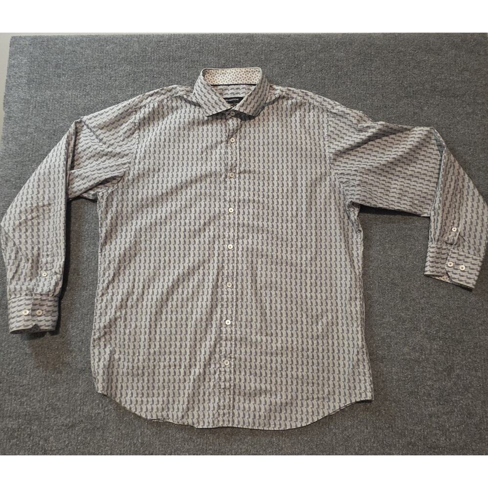 Bugatchi Classic Fit Mens XL Gray Geometric Button Front Dress Shirt